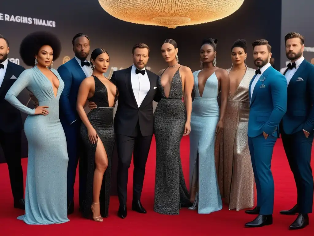 Desfile de moda inclusiva: actores en alfombra roja Un desfile de moda inclusiva en cine y TV con actores de diversas etnias y estilos, en una alfombra roja glamorosa
