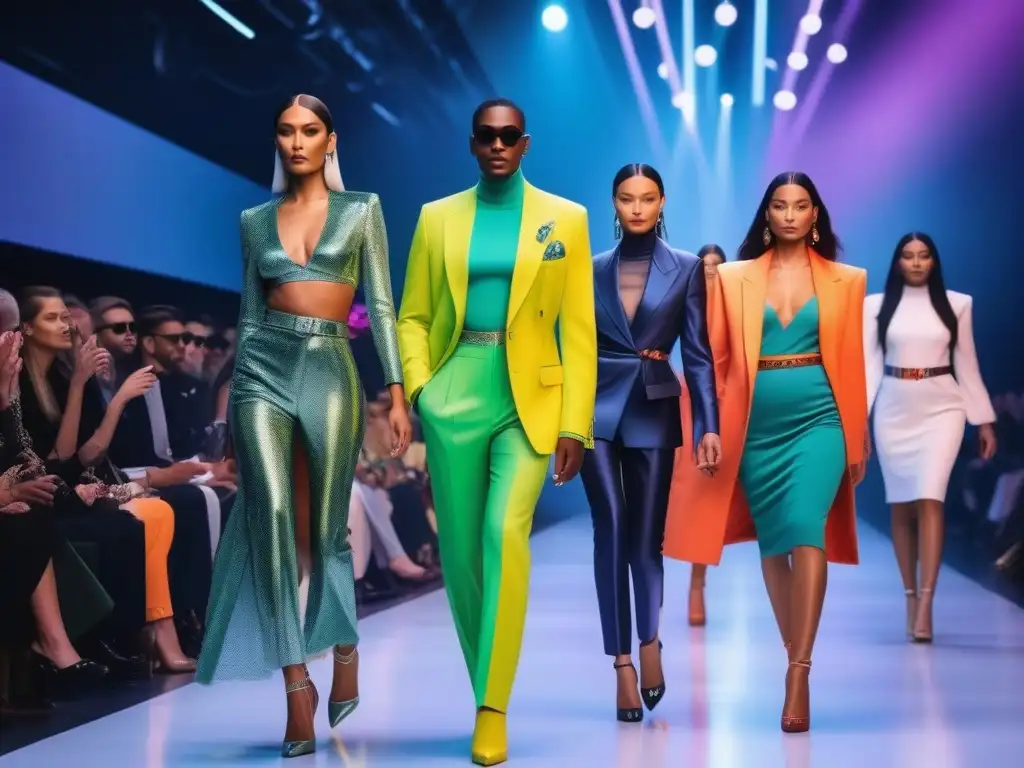 Desfile de moda inclusivo en ciudad futurista Desfile de moda inclusiva en ciudad futurista iluminada de noche