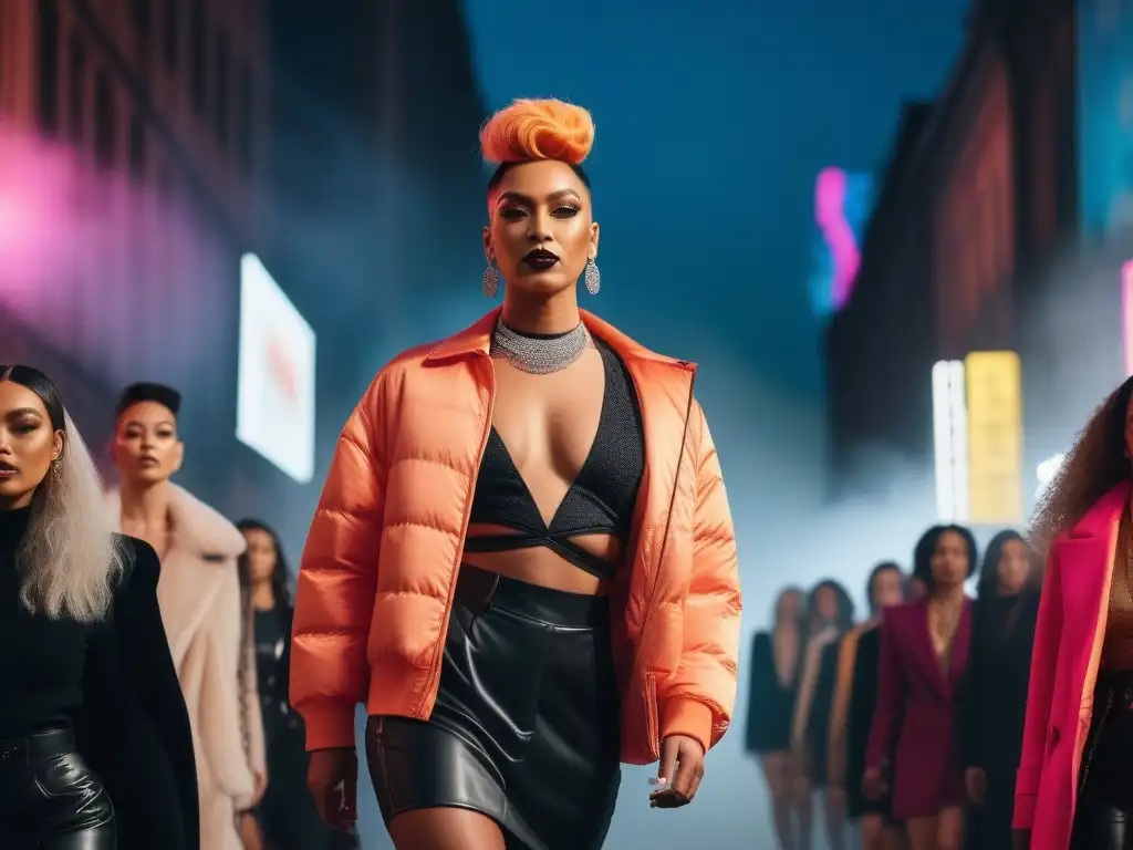 Desfile de moda trans y no binario: diversidad y estilo urbano Desfile de moda inclusiva para comunidad trans en una pasarela urbana con grafitis coloridos y luces de la ciudad