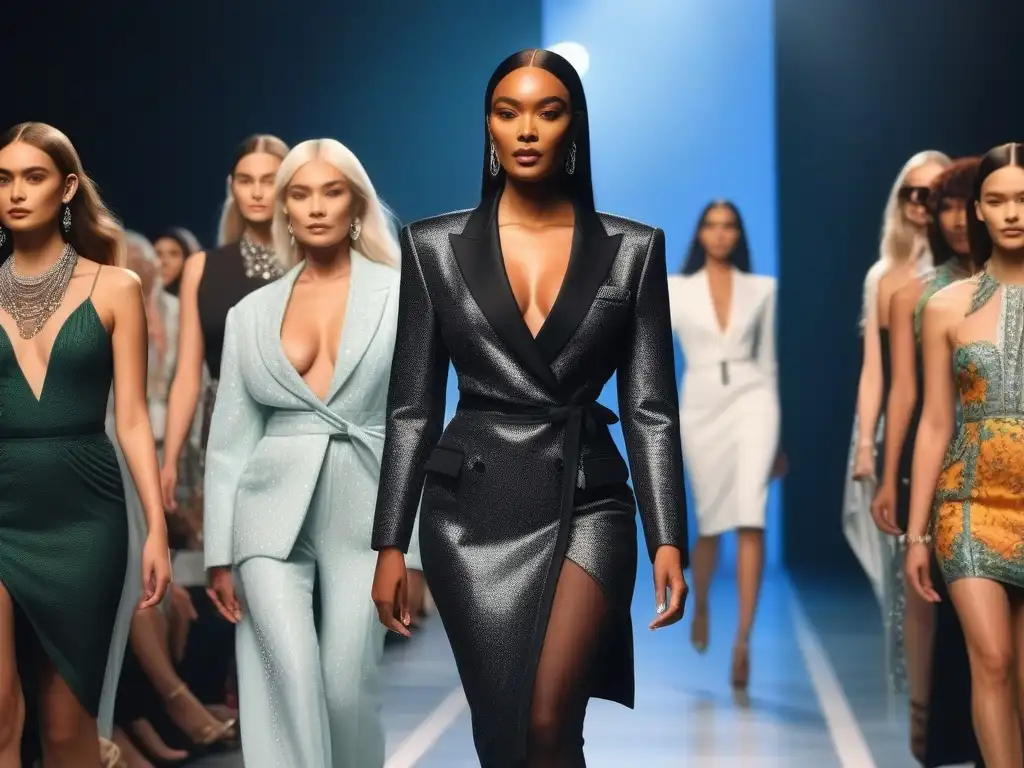 Desfile de moda inclusivo y vibrante: diversidad en pasarela Un desfile de moda inclusiva para todos cuerpos, con modelos diversos exhibiendo empoderamiento y confianza en la pasarela mientras espectadores de diferentes orígenes celebran entusiastas