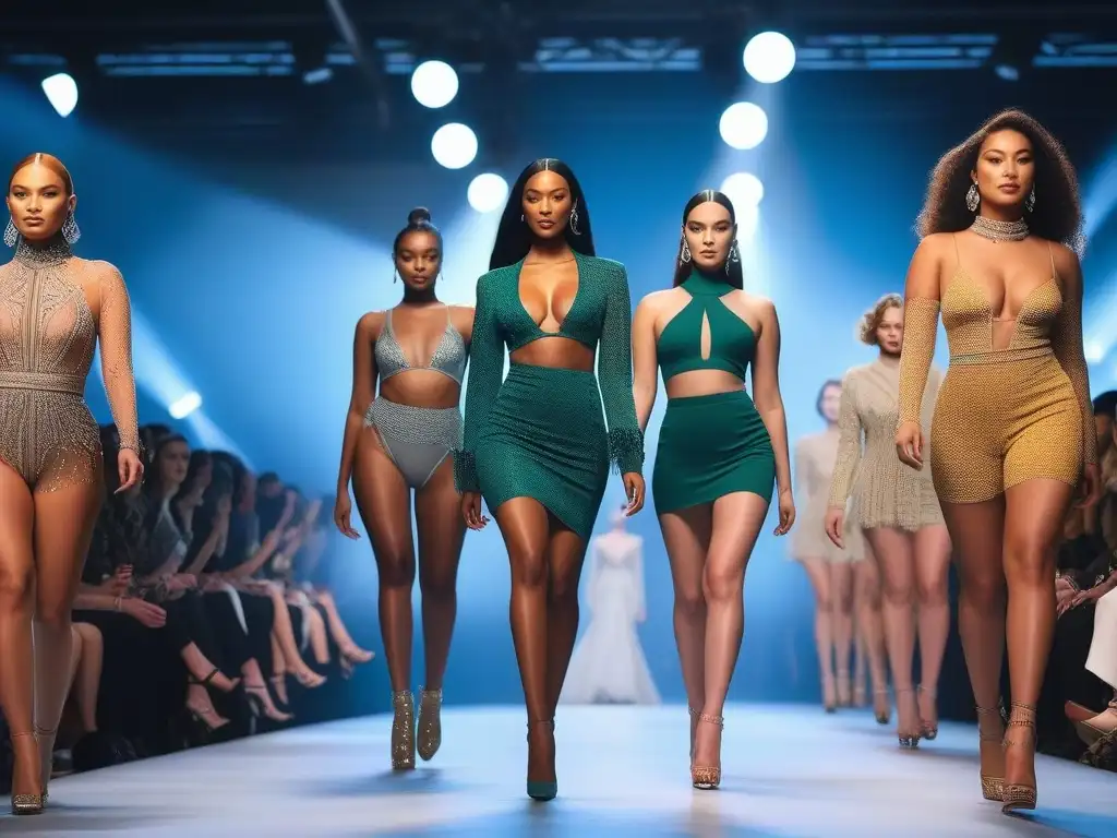 Desfile de moda inclusivo: belleza diversa en la pasarela Desfile de moda inclusiva para todos cuerpos con modelos diversos y estilos vanguardistas en una pasarela futurista