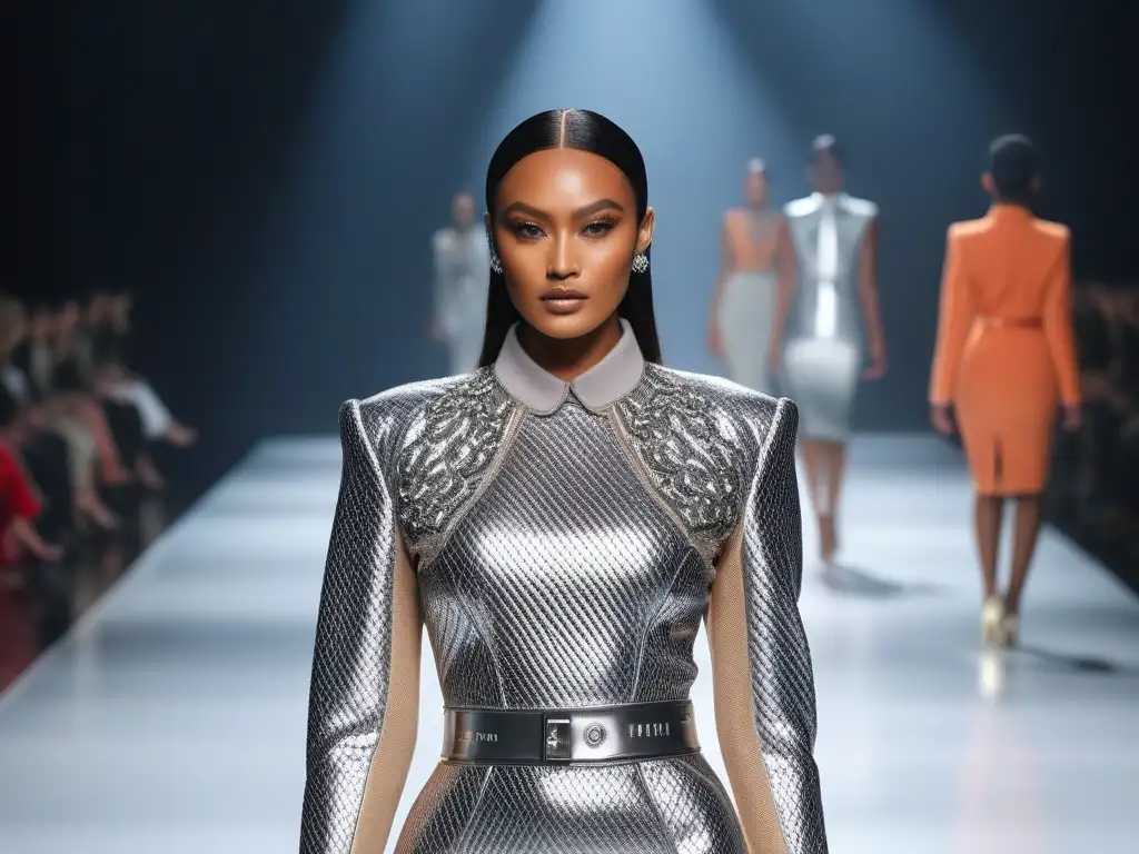 Moda inclusiva: desfile de diversidad y estilo Un desfile de moda inclusiva para todos cuerpos: modelos diversos en una pasarela futurista, radiantes y seguros de sí mismos
