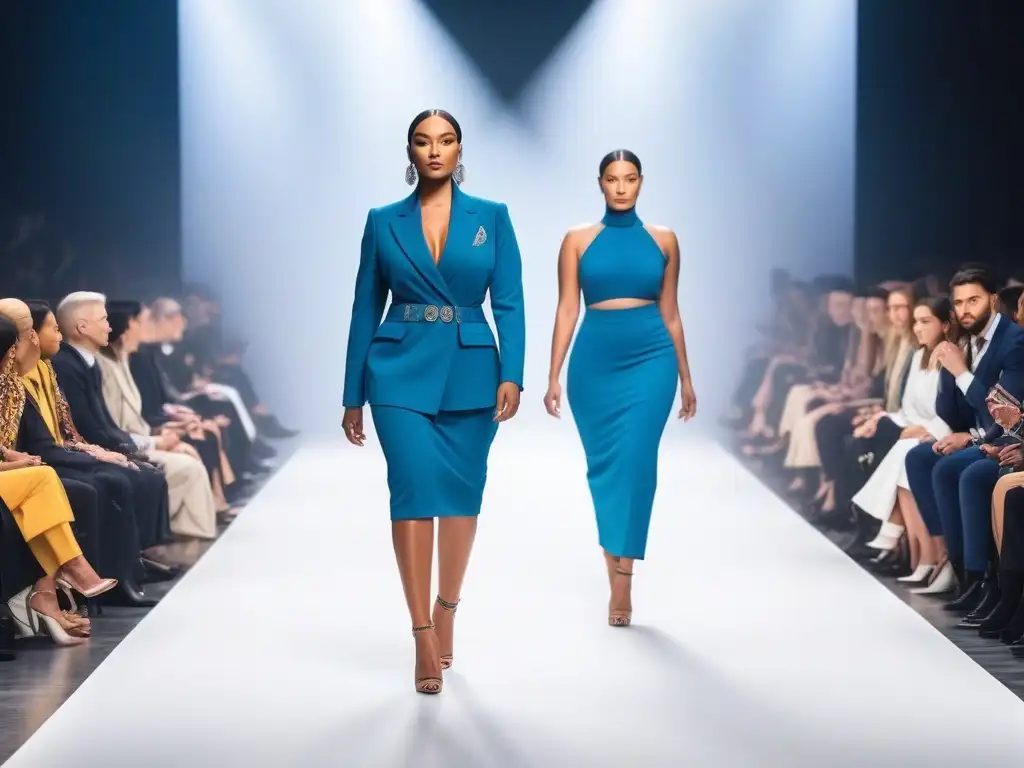 Desfile de moda inclusivo con modelos diversos y elegantes Desfile de moda inclusiva para todos cuerpos con modelos diversos caminando con confianza por la pasarela, en un ambiente moderno y brillante