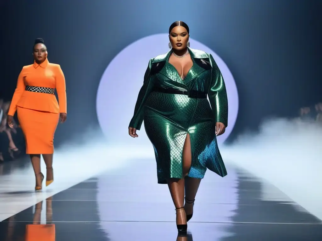 Desfile de moda inclusiva: modelos plus size lucen diseño vanguardista con confianza y empoderamiento en pasarela futurista Un desfile de moda inclusiva para todos los cuerpos: modelos plus size con diseños vanguardistas y coloridos, irradiando confianza y empoderamiento