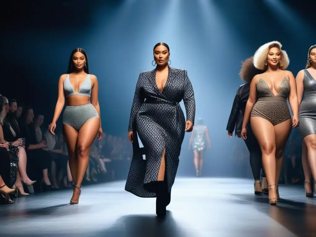 Desfile de moda inclusiva: diversidad de cuerpos y estilo Desfile de moda inclusiva para todos cuerpos con modelos diversos exhibiendo confianza y estilo en una pasarela moderna y brillante