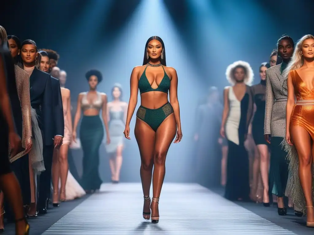 Desfile de moda inclusivo: diversidad, estilo y empoderamiento Desfile de moda inclusiva para todos cuerpos con modelos diversos, empoderados y seguros, en una pasarela vibrante y moderna