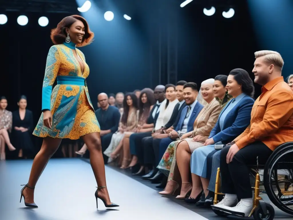 Desfile inclusivo: diversidad de cuerpos, edades y etnias en la pasarela Desfile de moda inclusiva para todos cuerpos con diversidad de modelos y audiencia sonriente