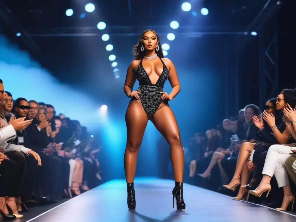 Desfile inclusivo: moda diversa y vibrante Desfile de moda inclusiva para todos los cuerpos con modelos diversos exhibiendo confianza y estilo en la pasarela futurista
