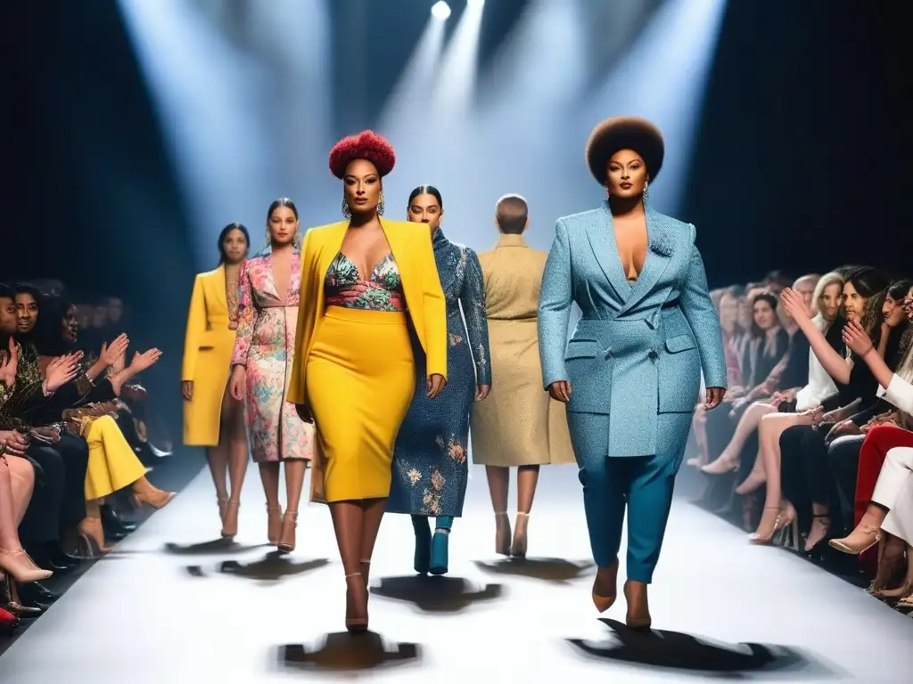 Desfile de moda inclusivo y revolucionario: diversidad en la pasarela Desfile de moda inclusiva para todos los cuerpos con modelos diversos luciendo prendas vibrantes y empoderadas