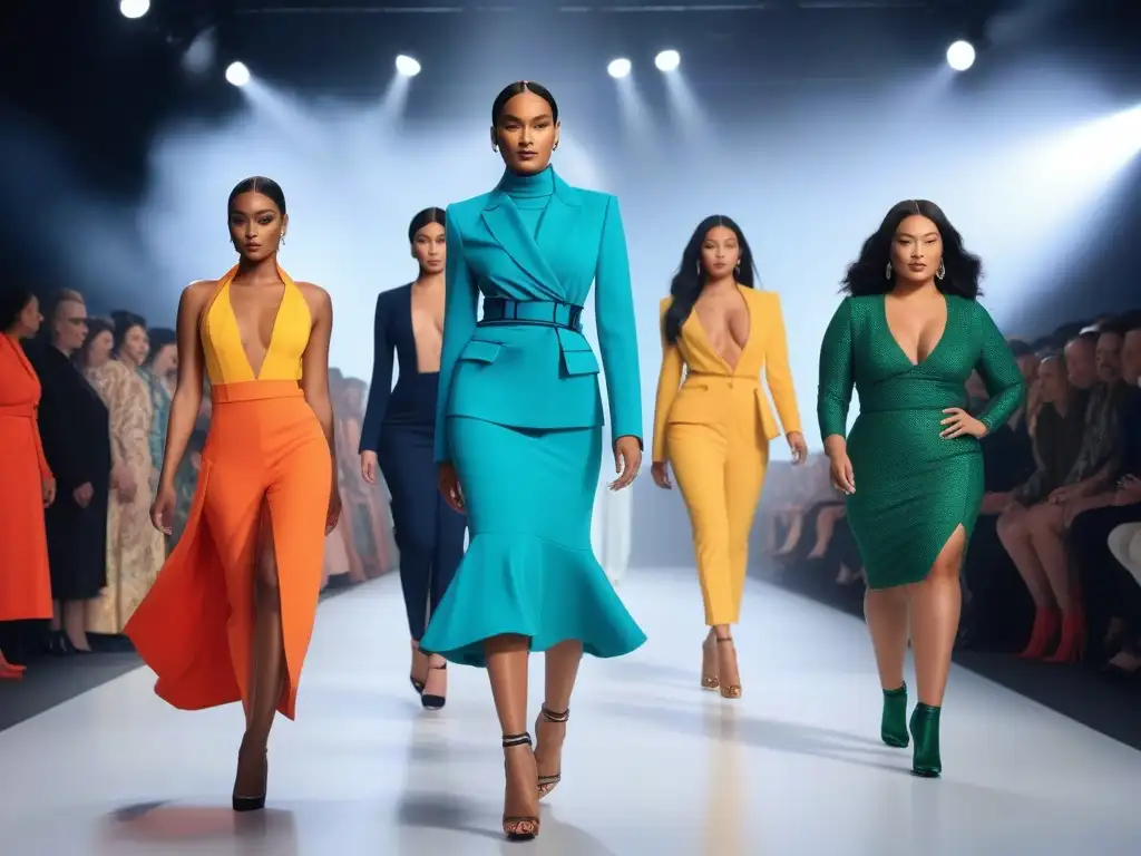 Desfile de moda inclusivo: diversidad y empoderamiento Desfile de moda inclusiva para todos los cuerpos, modelos diversos lucen atuendos coloridos y modernos en la pasarela de la ciudad
