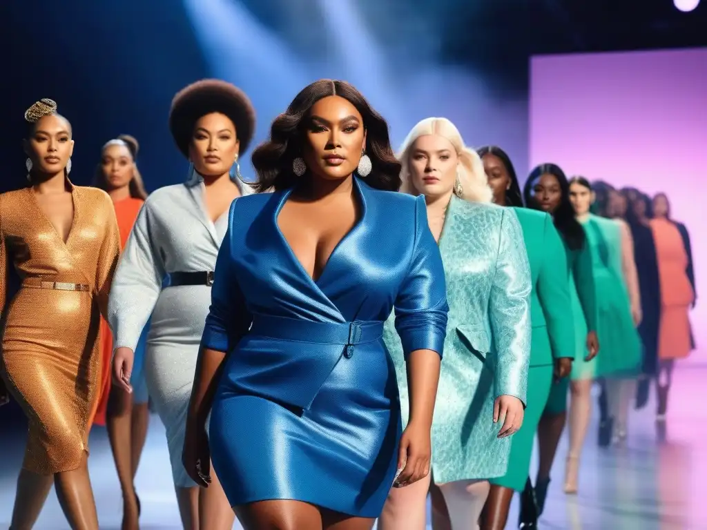 Desfile inclusivo: moda vibrante para todos los cuerpos Desfile de moda inclusiva para todos los cuerpos: modelos diversos lucen prendas vibrantes en una pasarela moderna y luminosa