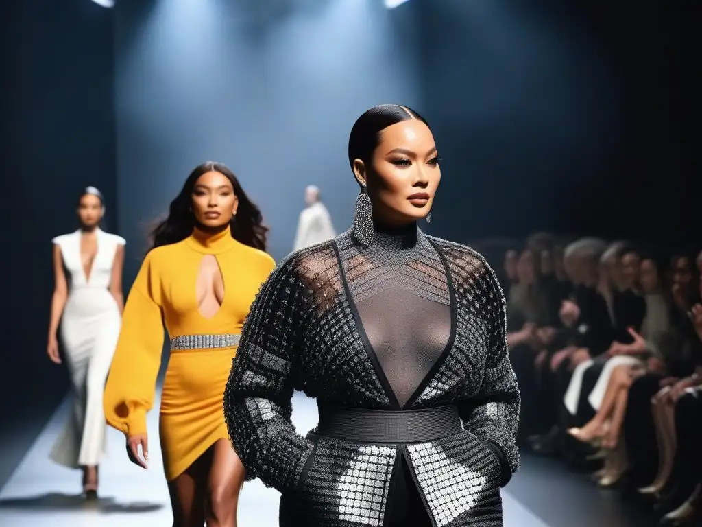 Desfile de moda inclusivo: diversidad en la pasarela Desfile de moda inclusiva para todos los cuerpos con diversidad en la pasarela y audiencia aplaudiendo