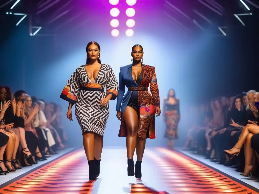 Un desfile de moda inclusiva para todos cuerpos, con modelos diversos exhibiendo diseños modernos en una pasarela vibrante y colorida