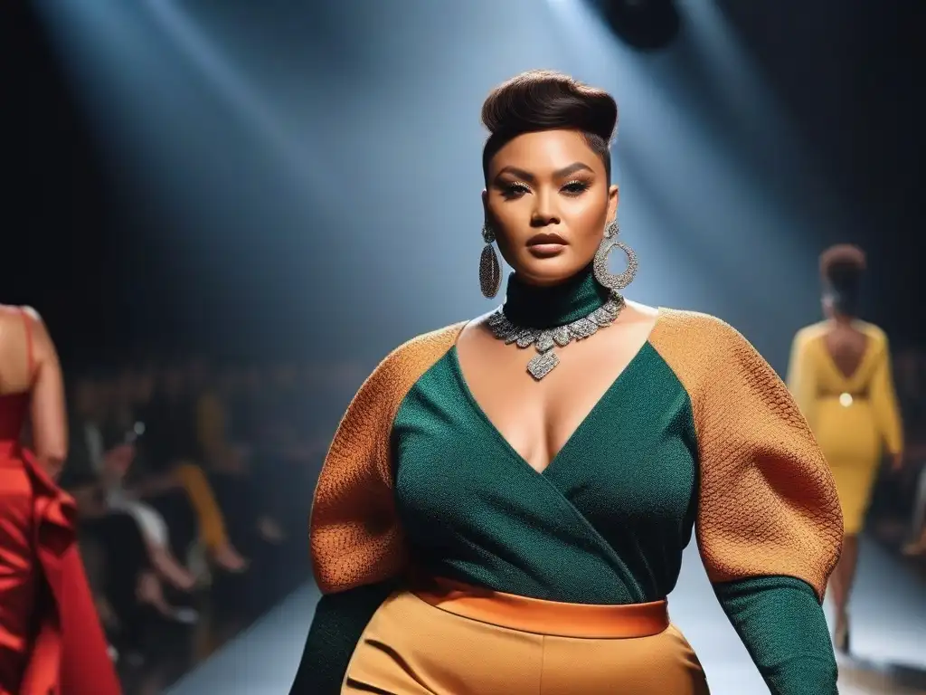 Desfile de moda inclusiva para todos cuerpos con modelos diversos y empoderados en una pasarela moderna y luminosa