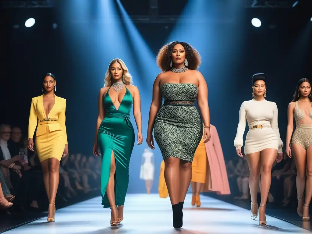 Desfile de moda inclusivo con modelos diversos en pasarela Desfile de moda inclusiva para todos cuerpos con modelos diversos caminando con confianza por la pasarela, mientras el público los aplaude