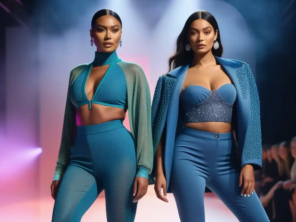 Desfile de moda inclusiva: diversidad y estilo Desfile de moda inclusiva para todos los cuerpos, diversidad y estilo en pasarela futurista con luces coloridas