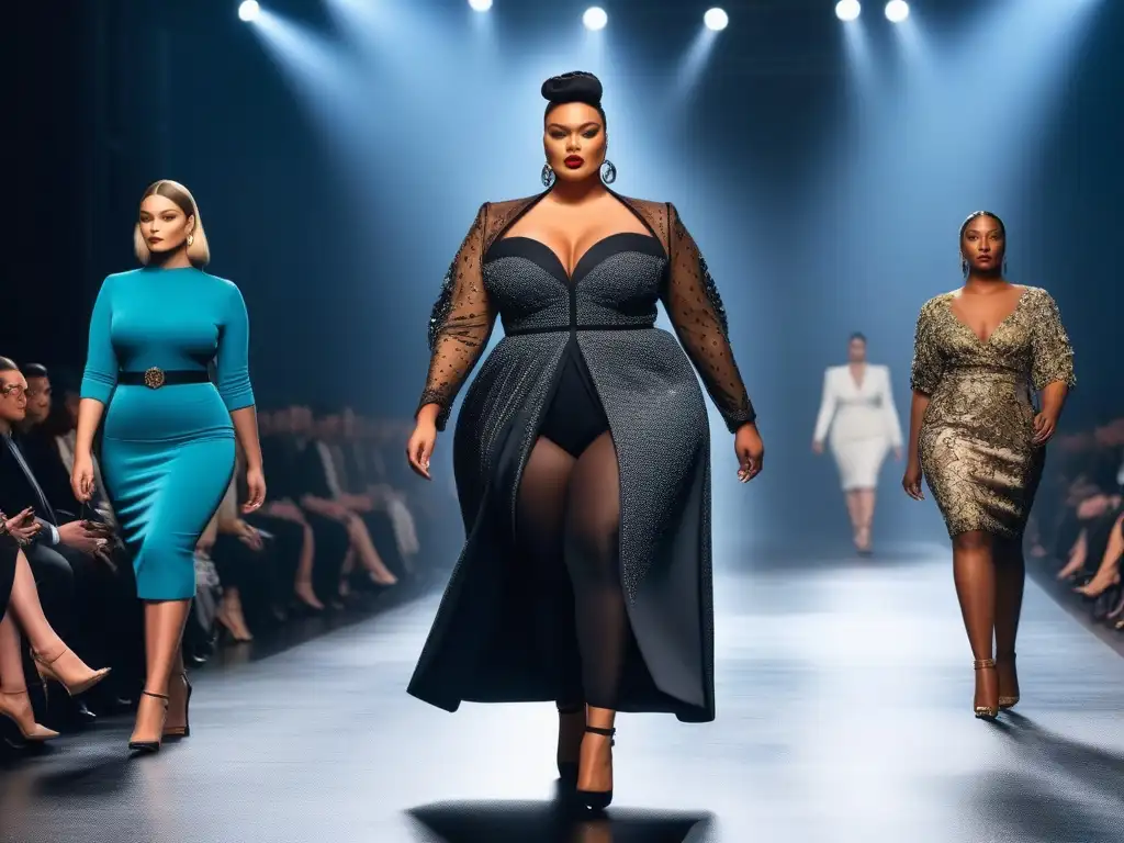 Desfile de moda inclusiva: curvas elegantes en la pasarela Desfile de moda inclusiva para todos los cuerpos con modelos de tallas grandes desfilando con elegancia y confianza en la pasarela