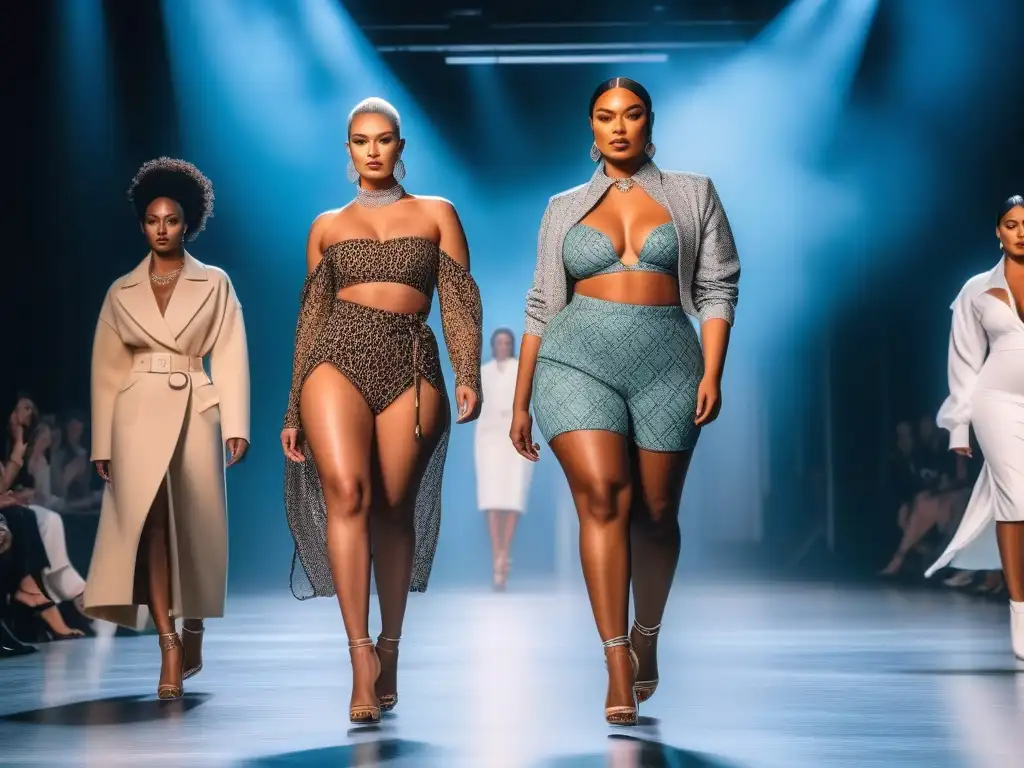 Desfile de moda inclusivo y diverso: modelos confiados en la pasarela Desfile de moda inclusiva para todos los cuerpos, colores de piel y géneros