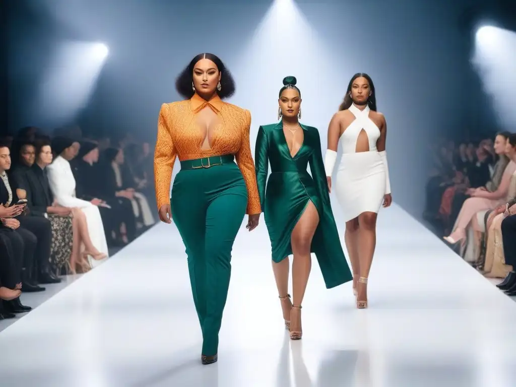 Desfile de moda inclusivo: diversidad y empoderamiento en la pasarela Un desfile de moda inclusiva para todos cuerpos: modelos diversos caminan con confianza en una pasarela moderna y minimalista