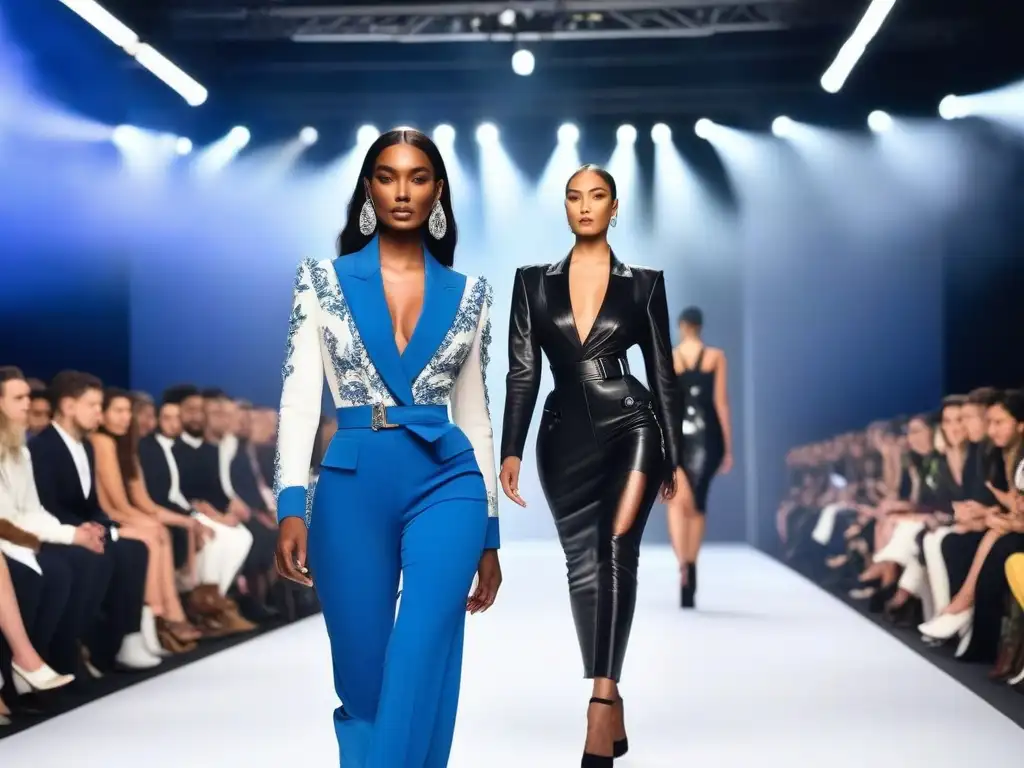Desfile de moda inclusivo y diverso: ¡empoderamiento en la pasarela! Desfile de moda inclusiva para todos cuerpos con modelos diversos caminando con confianza en una pasarela moderna y brillante