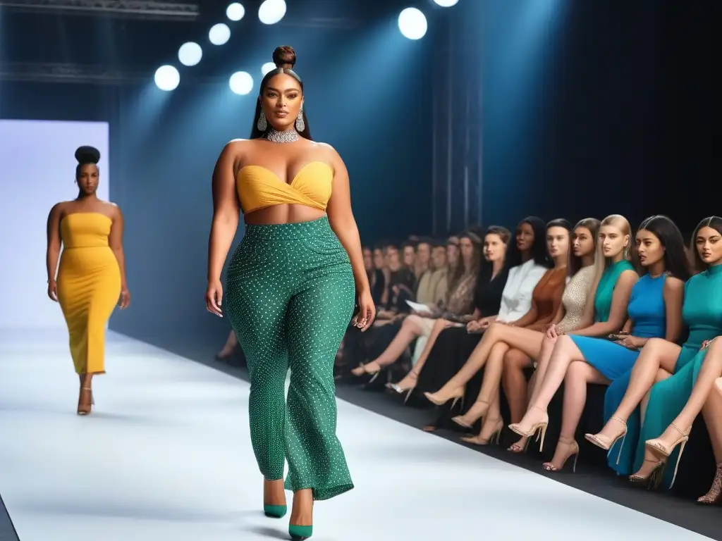 Desfile de moda inclusivo: Celebrando la diversidad de cuerpos Desfile de moda inclusiva para todos cuerpos, modelos diversos caminan con confianza en la pasarela, espectadores aplauden admirados