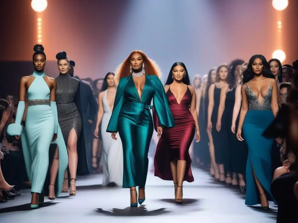 Desfile inclusivo: diversidad de cuerpos, colores y habilidades Un desfile de moda inclusiva para todos cuerpos: modelos diversos caminan seguros por la pasarela, luciendo outfits elegantes y modernos