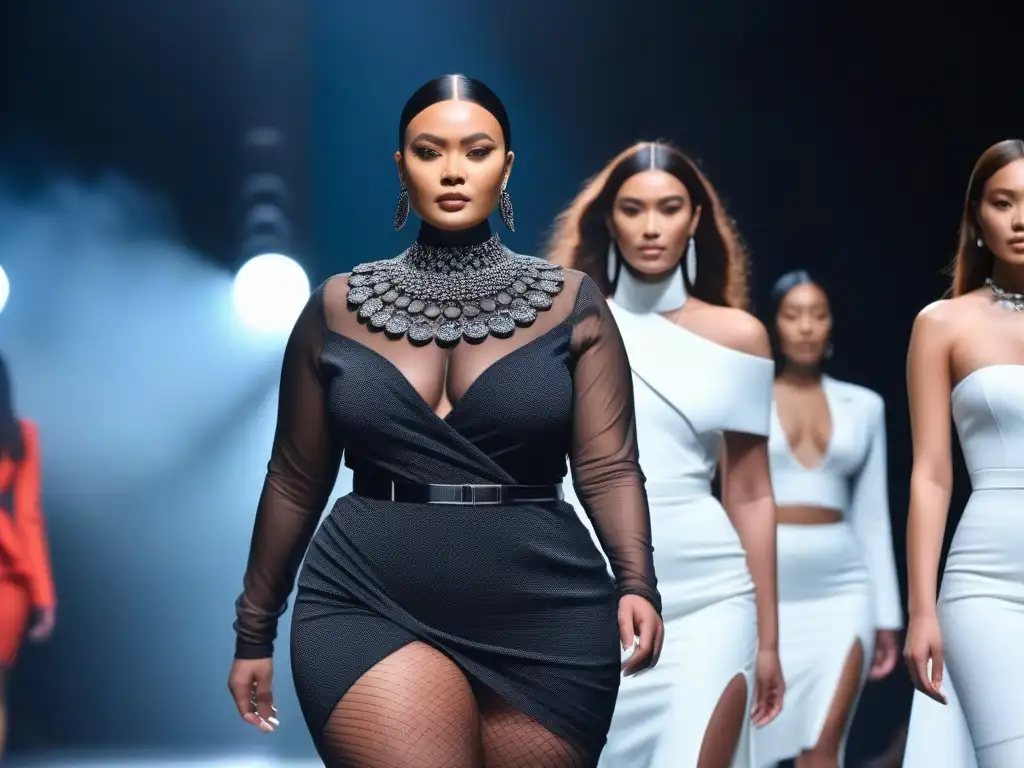 Desfile de moda inclusivo con modelos diversos en pasarela futurista Desfile de moda inclusiva para todos cuerpos con modelos diversos en una pasarela futurista y moderna