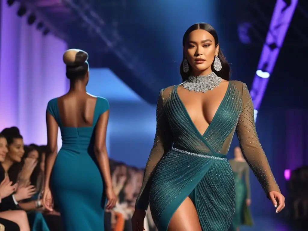 Desfile inclusivo: moda para todos Desfile de moda inclusiva para todos cuerpos con modelos diversos luciendo atuendos únicos y el público aplaudiendo