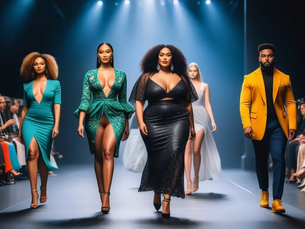 Desfile de moda inclusiva con modelos diversos en pasarela Desfile de moda inclusiva para todos cuerpos con modelos diversos caminando con confianza por la pasarela