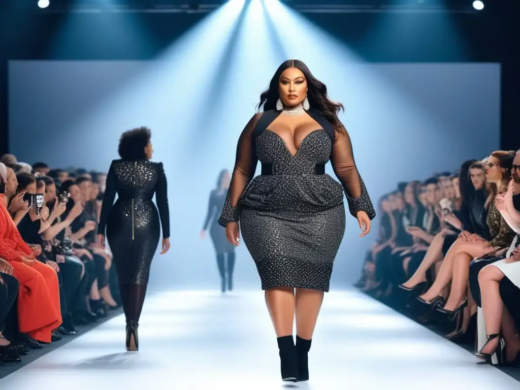 Desfile de moda inclusivo: diversidad y empoderamiento en la pasarela Desfile de moda inclusiva para todos cuerpos con modelos diversos desfilando con confianza en una pasarela moderna y brillante