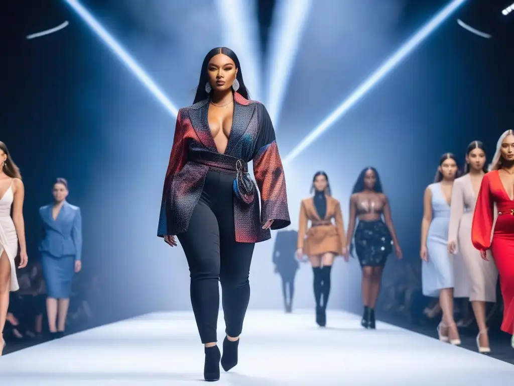 Pasarela de la diversidad: moda inclusiva y empoderamiento Desfile de moda inclusiva para todos cuerpos con modelos diversos desfilando con confianza en una pasarela moderna y luminosa