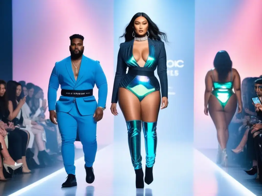 Desfile inclusivo: moda futurista y empoderamiento Un desfile de moda inclusiva para todos los cuerpos, con modelos diversos y diseños vanguardistas en una pasarela futurista