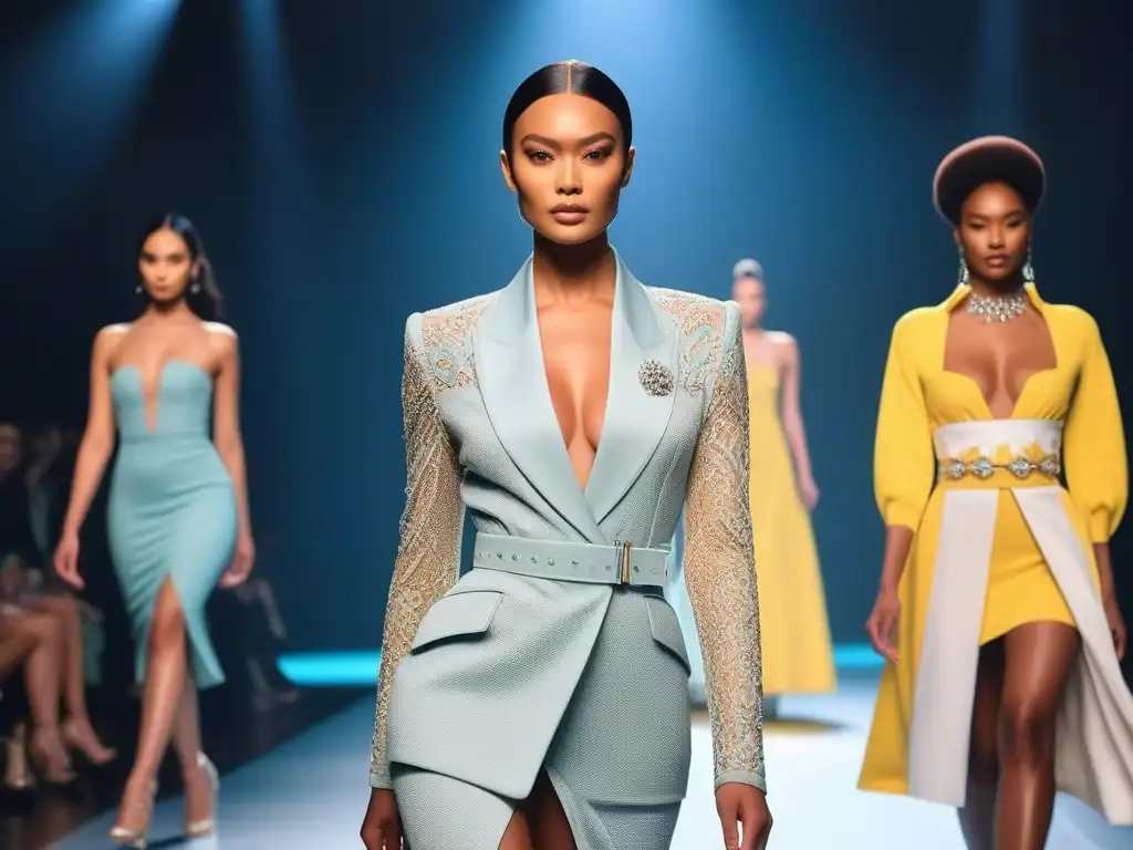 Pasarela de moda inclusiva: diversidad y estilo en alta resolución Desfile de moda inclusiva para todos cuerpos, modelos diversos caminando con confianza en una pasarela moderna y brillante