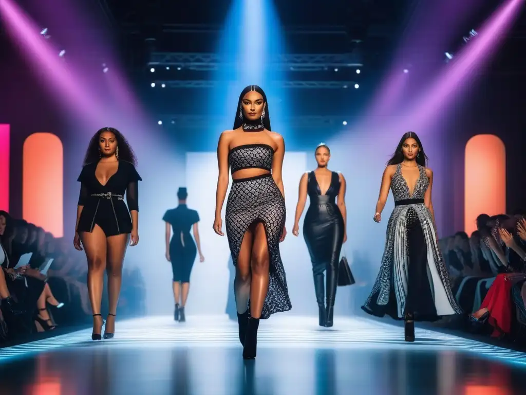 Desfile de moda inclusivo con modelos diversos en pasarela futurista Desfile de moda inclusiva para todos cuerpos con modelos diversos caminando con confianza por una pasarela moderna y futurista