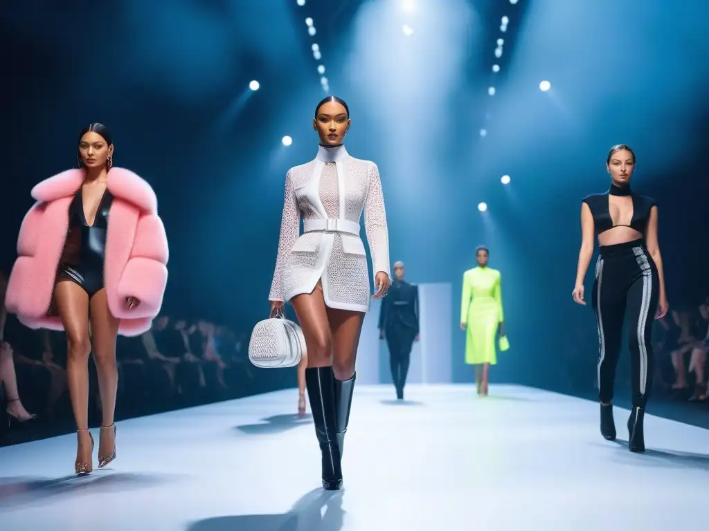 Desfile futurista de moda inclusiva: diversidad y tecnología Desfile de moda inclusiva para todos cuerpos en una pasarela futurista con modelos diversos y diseños vanguardistas