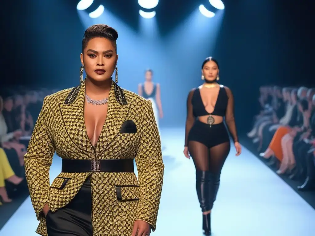 Desfile de moda inclusivo: modelos diversos en pasarela Desfile de moda inclusiva para todos los cuerpos: modelos diversos lucen diseños modernos y trendy en una pasarela brillante y elegante