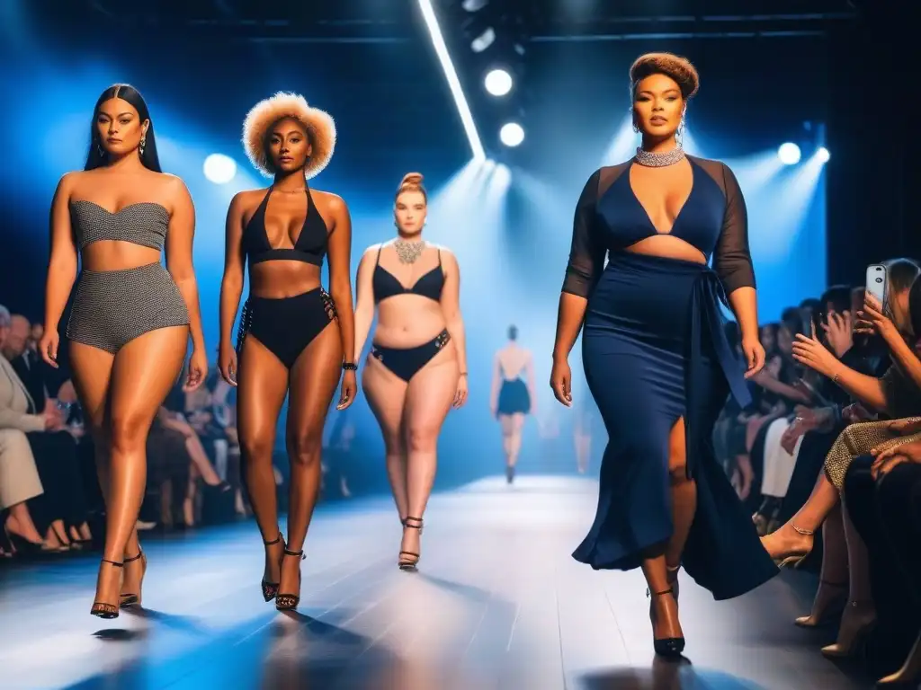 Desfile de moda inclusivo: diversidad de cuerpos y estilos Desfile de moda inclusiva para todos los cuerpos con modelos diversos mostrando elegancia y diversidad en la pasarela