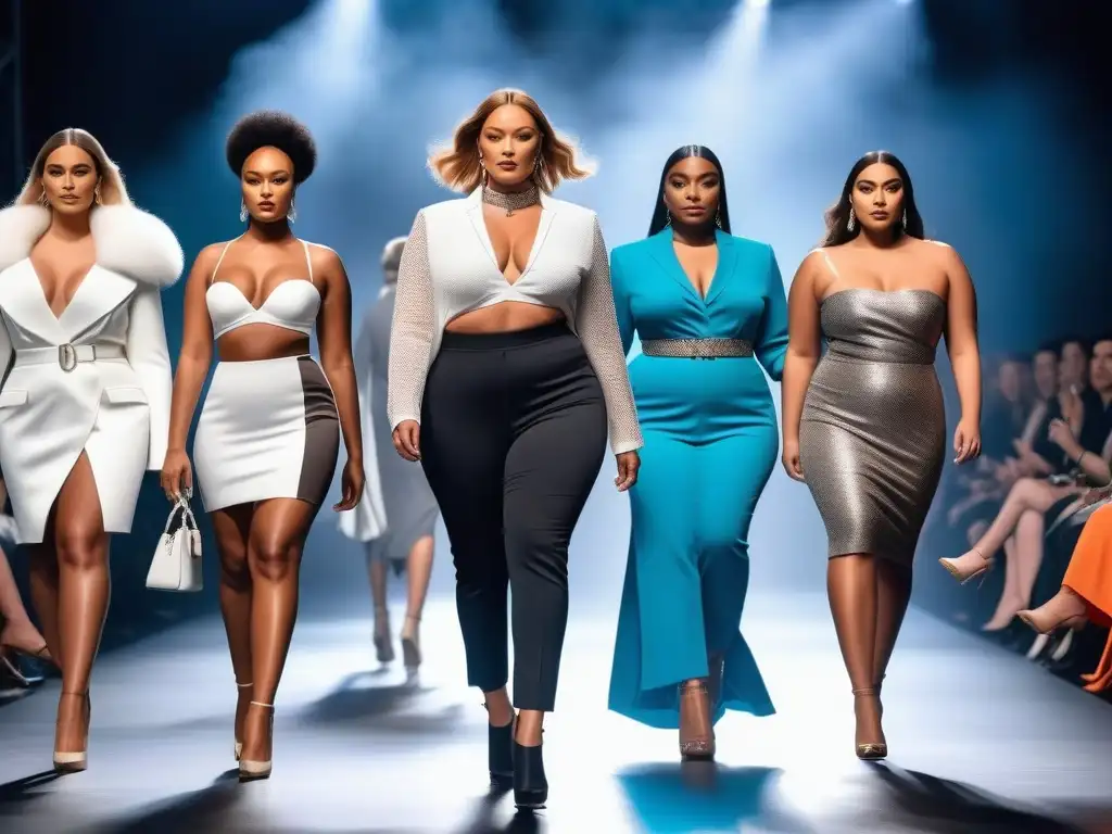 Desfile de moda inclusivo: celebrando la diversidad de cuerpos Desfile de moda inclusiva para todos los cuerpos: modelos diversos luciendo outfits elegantes y radiantes en la pasarela