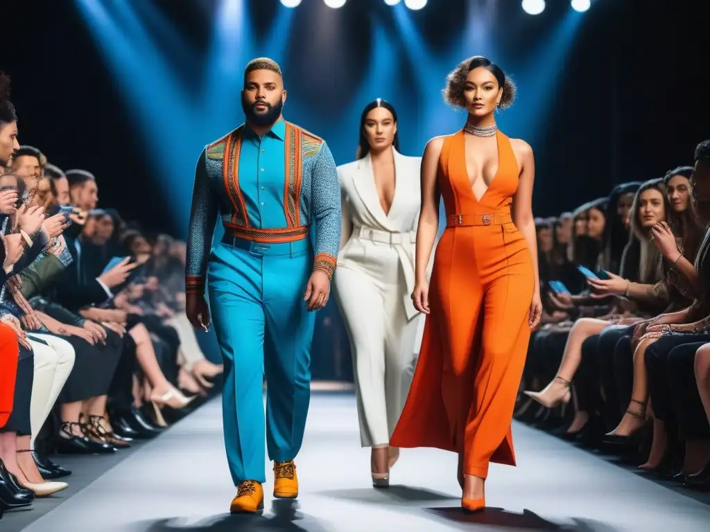 Desfile de moda inclusiva para todos los cuerpos, con modelos diversos exhibiendo confianza y empoderamiento en una pasarela vibrante