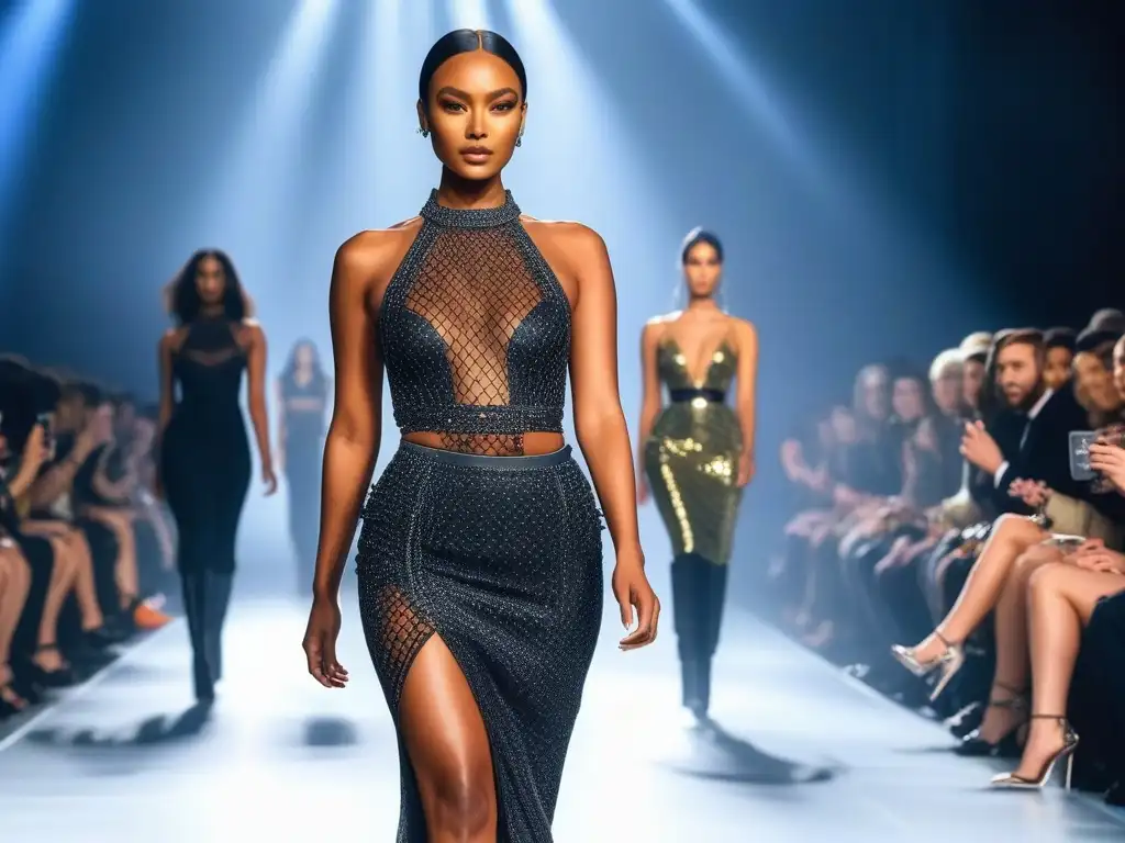 Desfile inclusivo: moda diversa y empoderada Un desfile de moda inclusiva para todos los cuerpos, donde modelos diversos caminan con confianza en una pasarela futurista