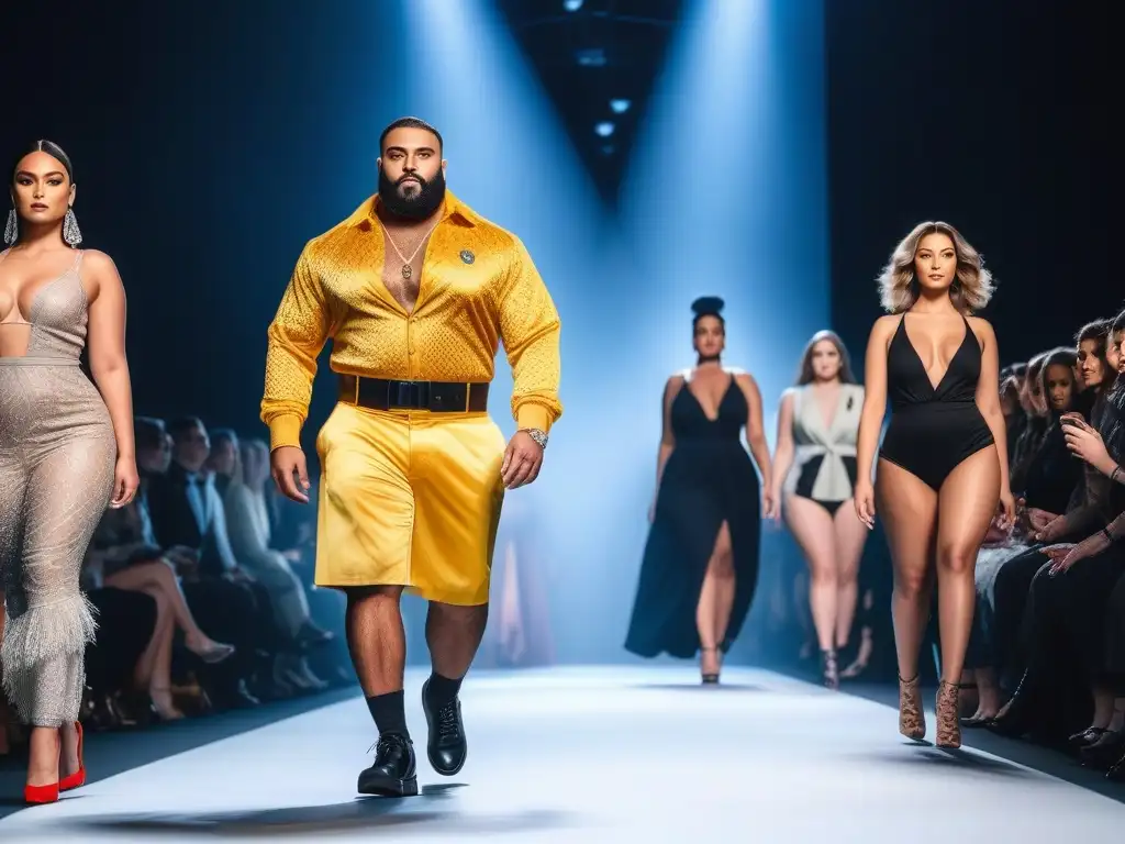 Desfile de moda inclusiva: diversidad y empoderamiento en la pasarela Desfile de moda inclusiva para todos los cuerpos: modelos diversos luciendo outfits elegantes y empoderados en una pasarela moderna y chic
