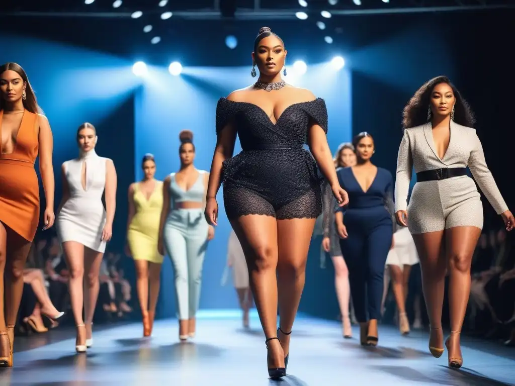 Desfile de moda inclusiva para todos los cuerpos, modelos diversos luciendo diseños únicos y elegantes en una pasarela luminosa y moderna