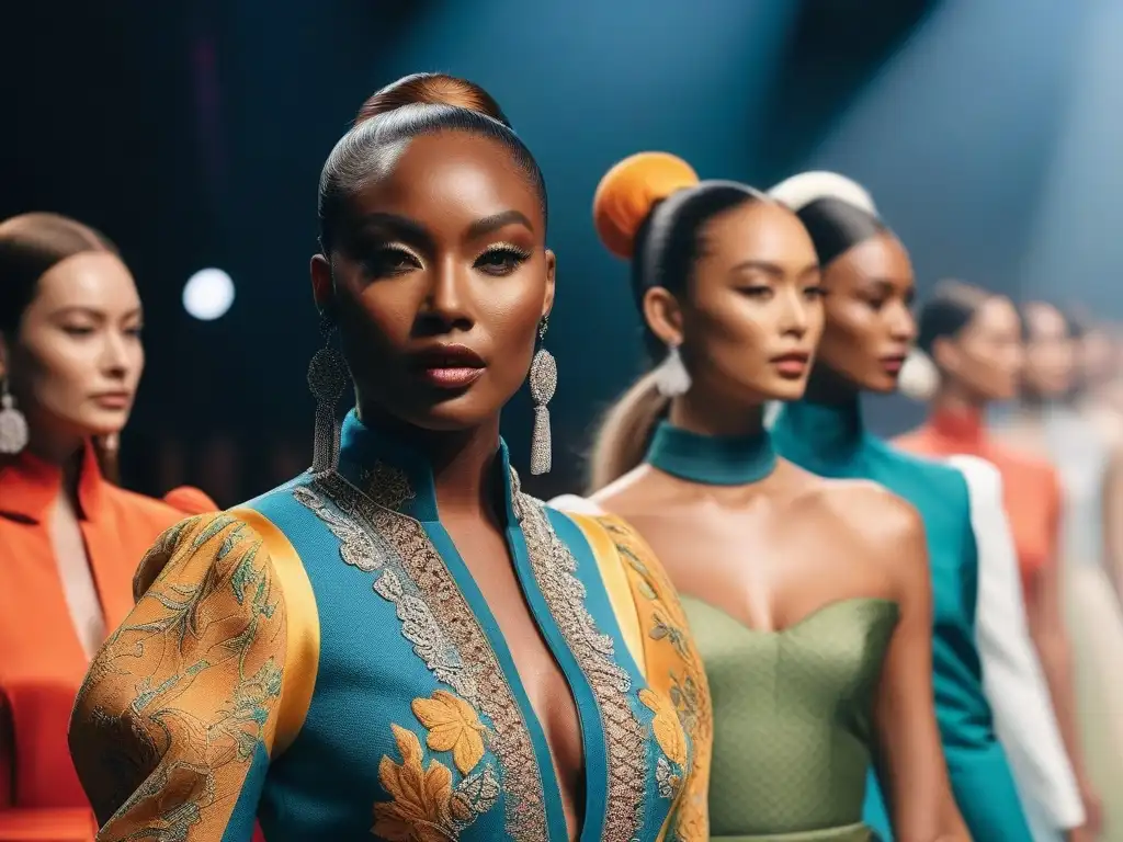 Un desfile de moda inclusiva para todos los cuerpos, donde modelos diversos muestran empoderamiento y estilo con prendas modernas y coloridas