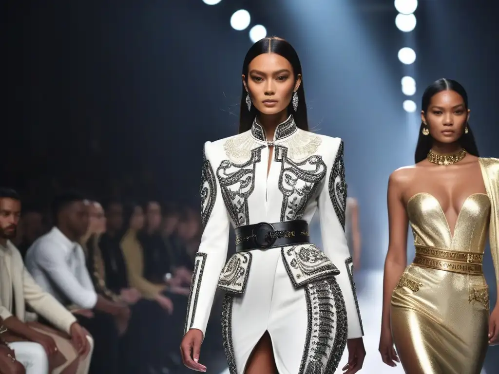 Pasarela inclusiva de Balmain: diversidad y elegancia en la moda Desfile de moda inclusiva para todos los cuerpos con modelos diversos luciendo elegantes diseños de Balmain en una pasarela moderna y luminosa