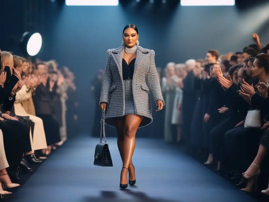 Desfile de moda Chanel: Diversidad, empoderamiento y elegancia Desfile de moda inclusiva para todos cuerpos en Chanel, modelos seguros y empoderados, audiencia diversa aplaudiendo