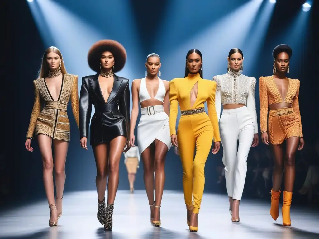 Desfile inclusivo de alta moda: diversidad y elegancia en pasarela Balmain Desfile de moda inclusiva para todos los cuerpos con modelos diversos luciendo elegantes atuendos Balmain en una pasarela futurista
