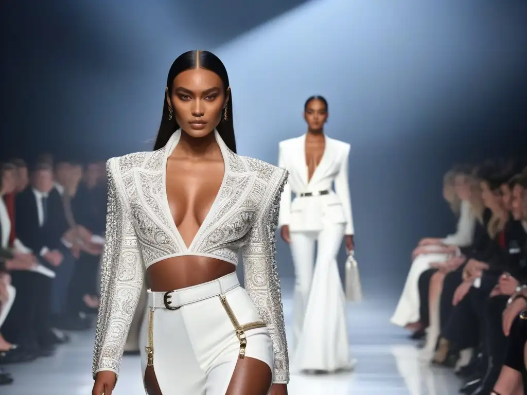 Desfile de moda inclusivo: Balmain celebra la diversidad con elegancia Desfile de moda inclusiva para todos los cuerpos con modelos diversos luciendo elegantes diseños de Balmain en una pasarela moderna y luminosa