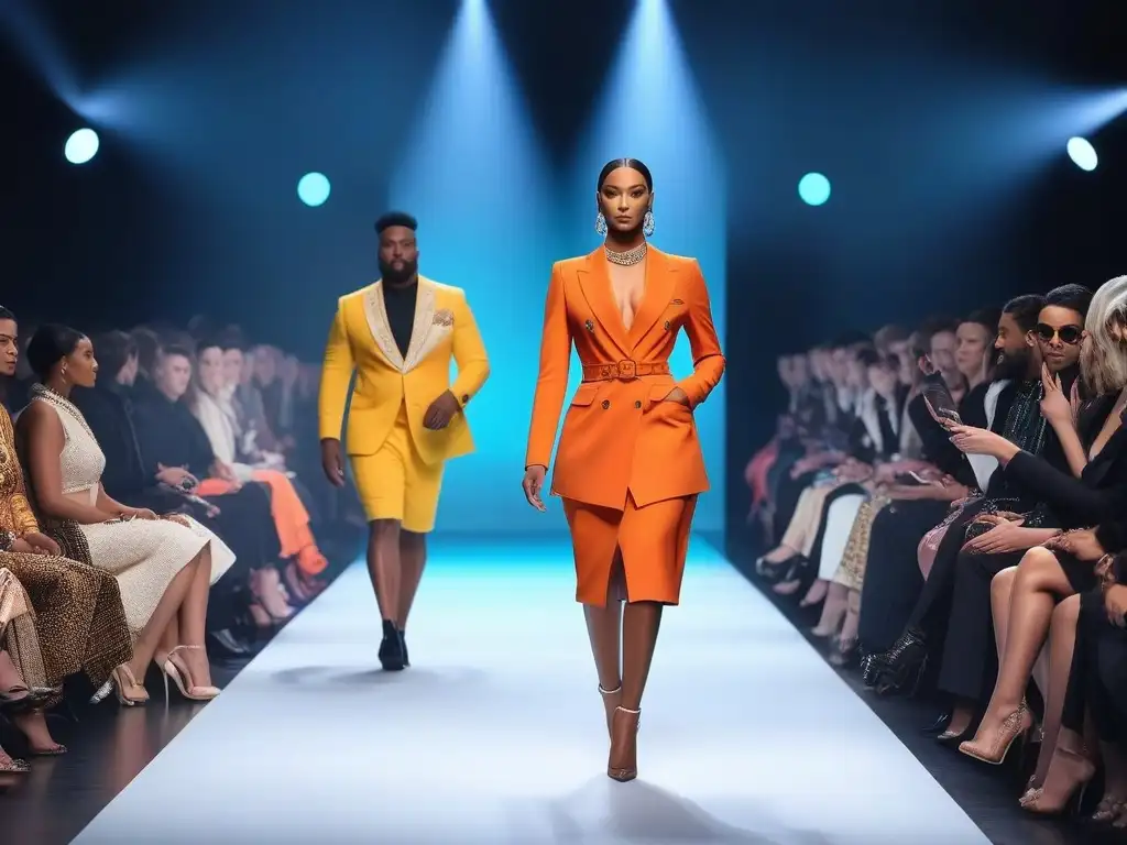 Desfile de moda inclusivo con diversidad de estilos y cuerpos Desfile de moda inclusiva con cuerpos diversos desfilando en pasarela, celebrando la individualidad y la diversidad