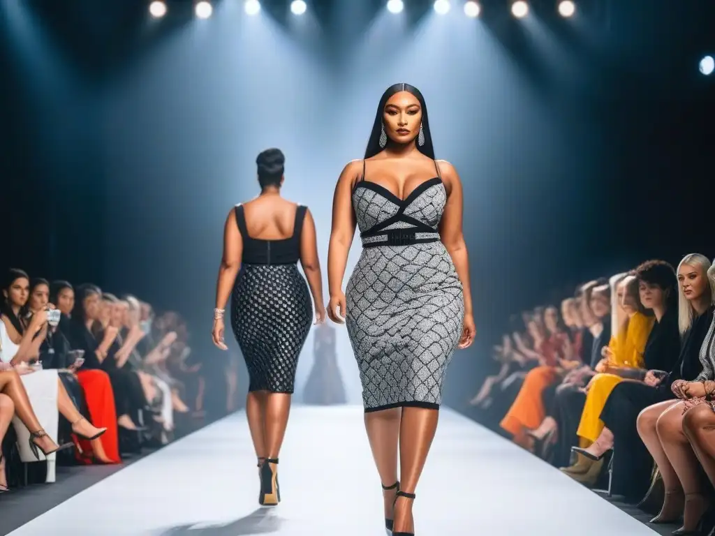 Desfile inclusivo: modelos diversos y empoderados en la pasarela de la moda Desfile de moda inclusiva para todos cuerpos con modelos diversos desfilando con confianza en una pasarela moderna y elegante