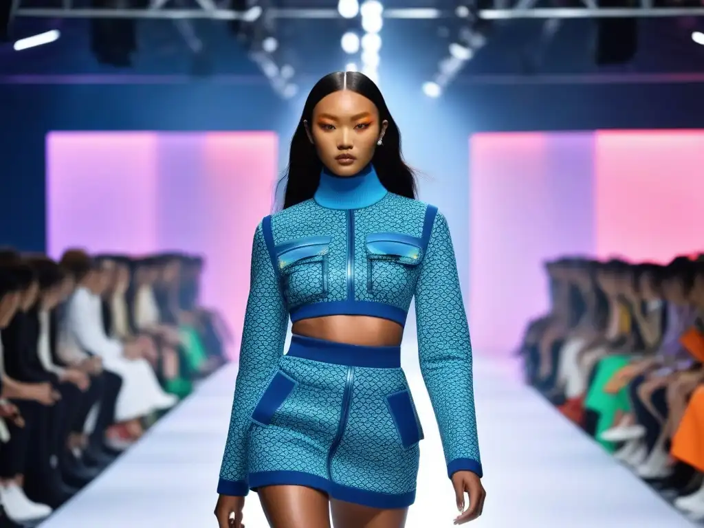 Desfile Kenzo: moda inclusiva en pasarela futurista Desfile de moda inclusiva para todos los cuerpos con modelos diversos luciendo diseños vibrantes de Kenzo en una pasarela futurista e iluminada